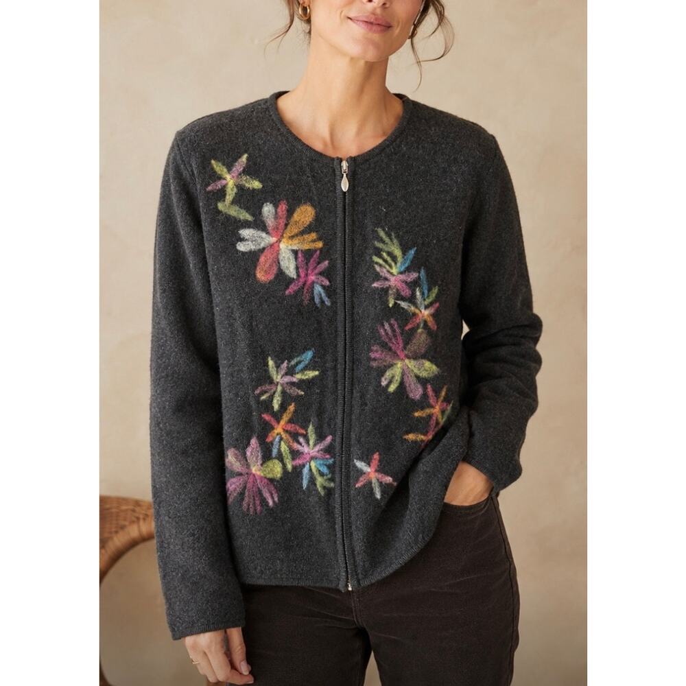 Appleseed's Charcoal Gray Wool Floral Felted Zip Front Sweater Jacket Women's XL